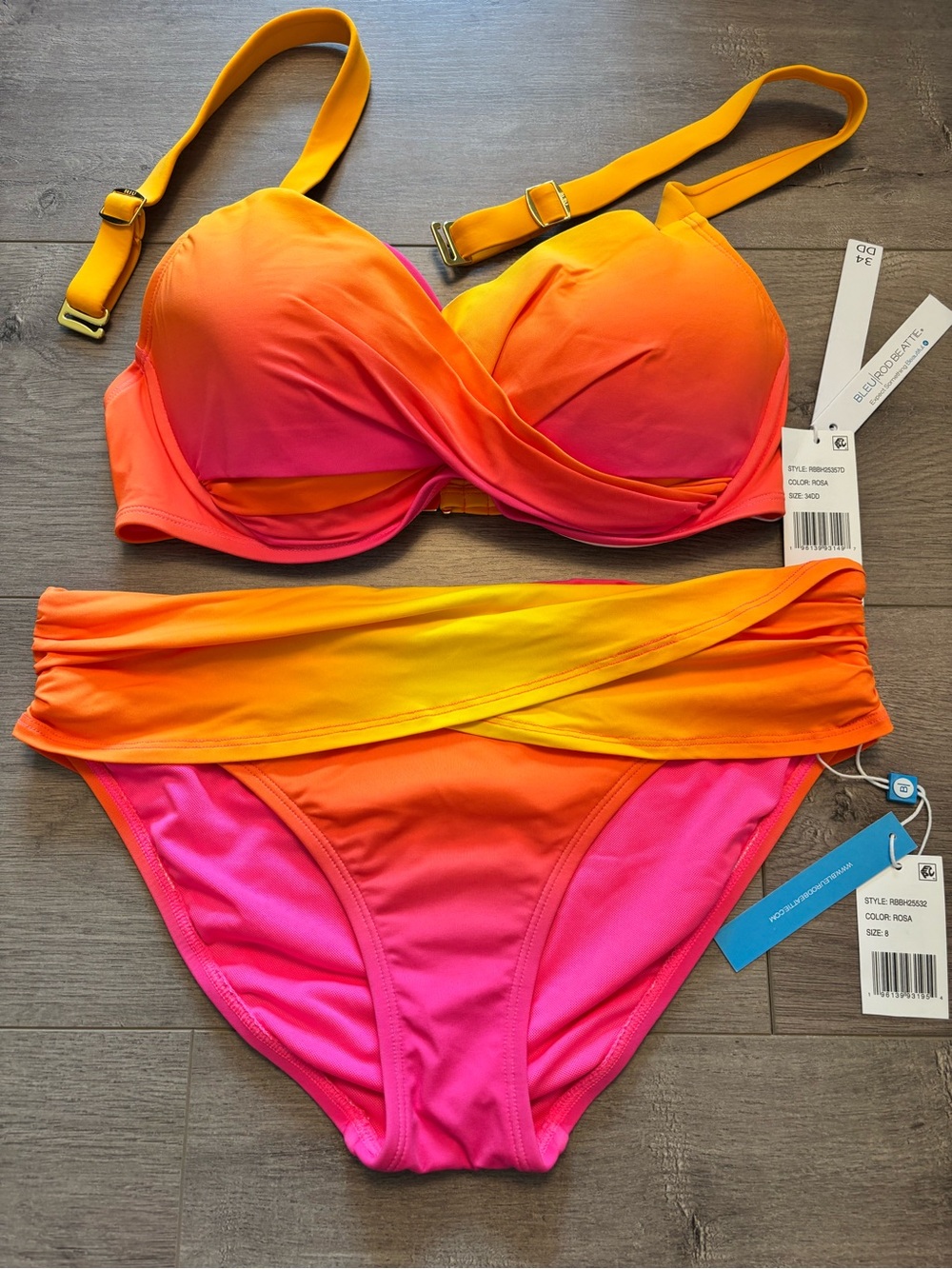 Bleu Rod Beattie Ombre Pink Orange Yellow Twist Bikini Set
